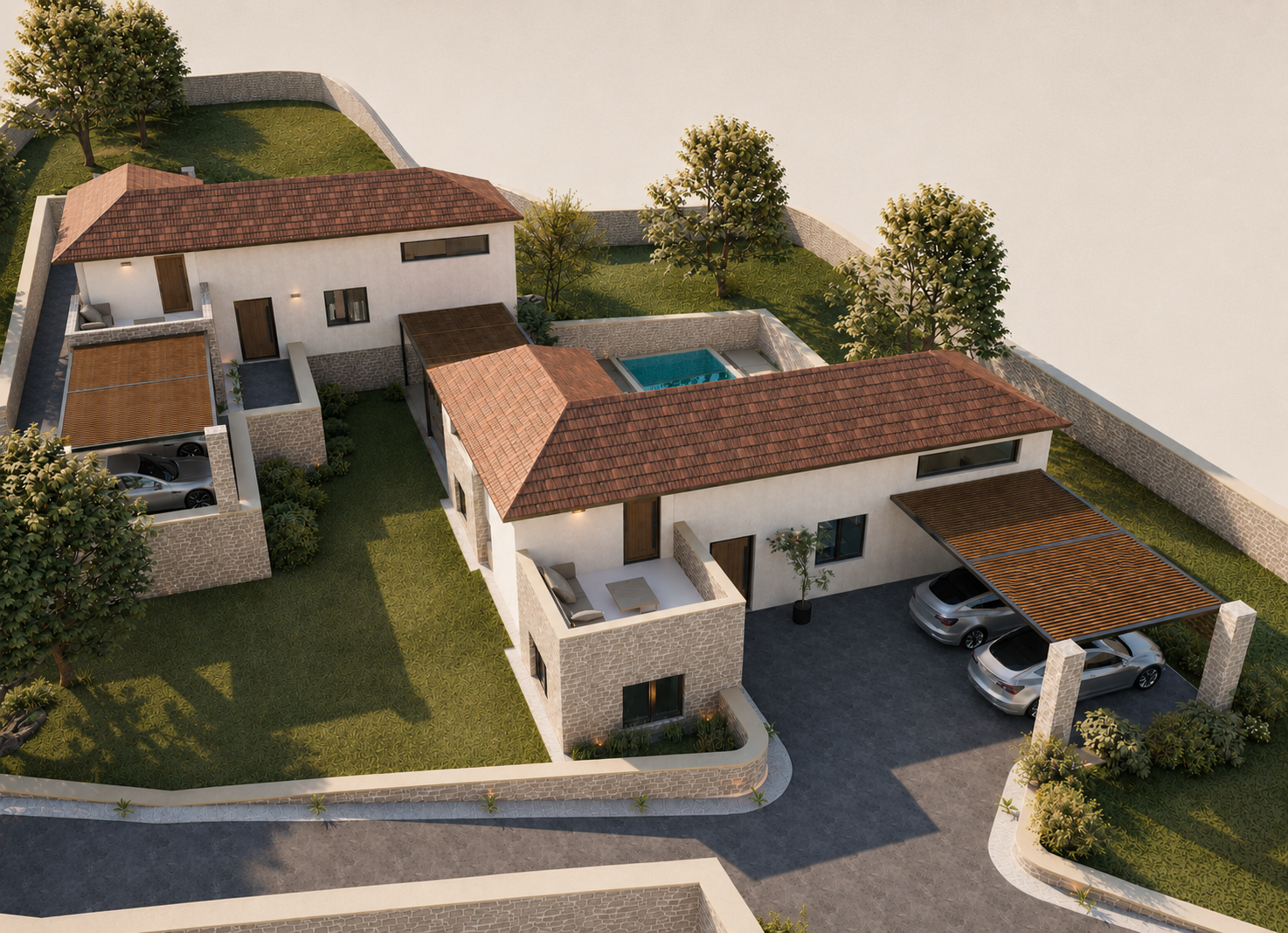 Aerial view of two family vacation homes in Atsipopoulo, Crete