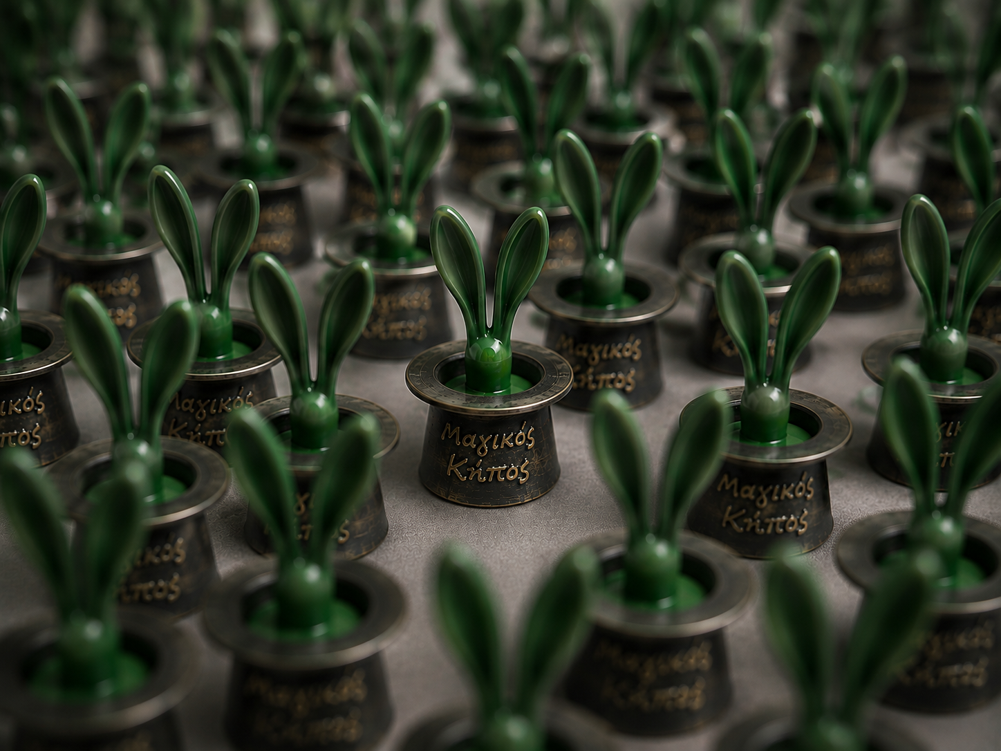A production series of finished Magikos Kipos paperweights
