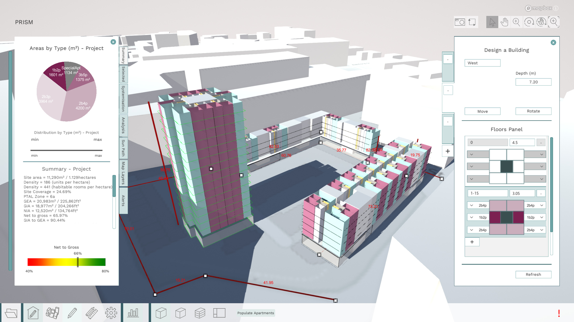 PRiSM housing configurator interface showing a parametric residential scheme and design analysis