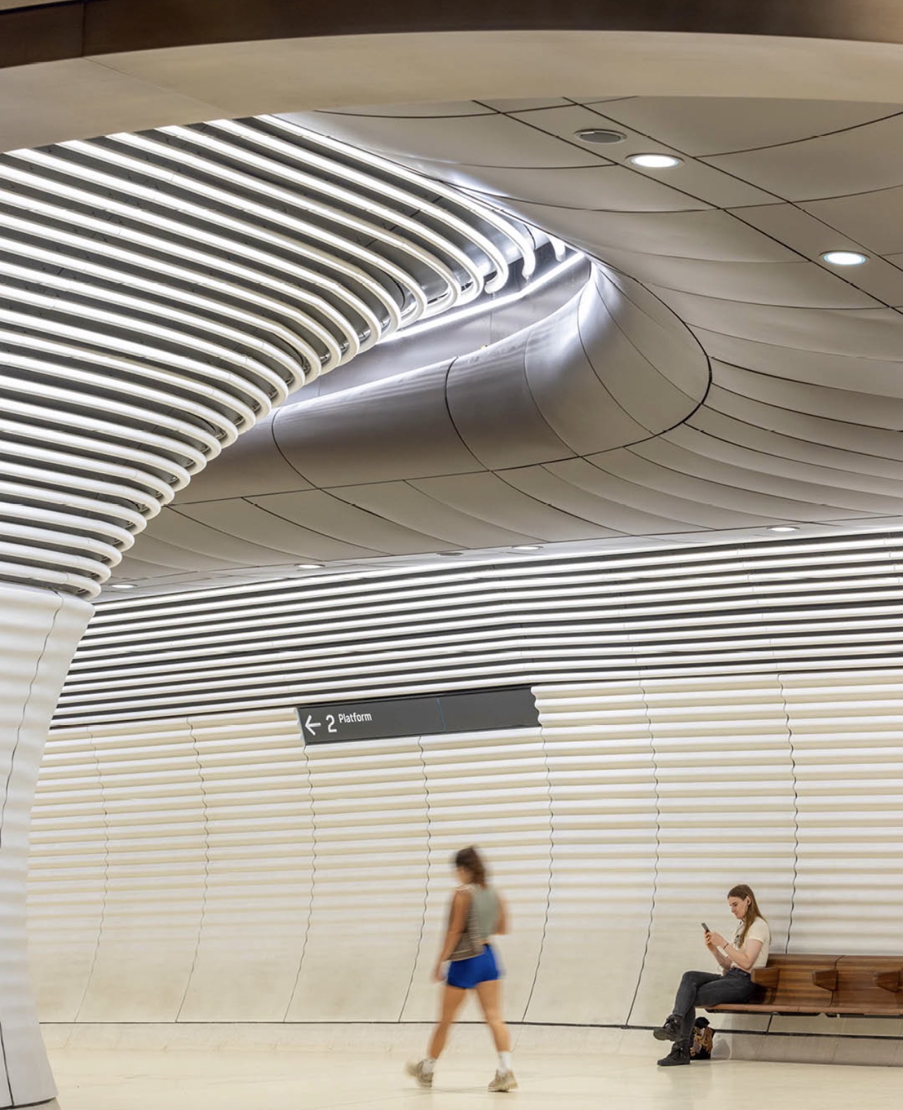 Ribbed modular interior shell inside a Sydney Metro station