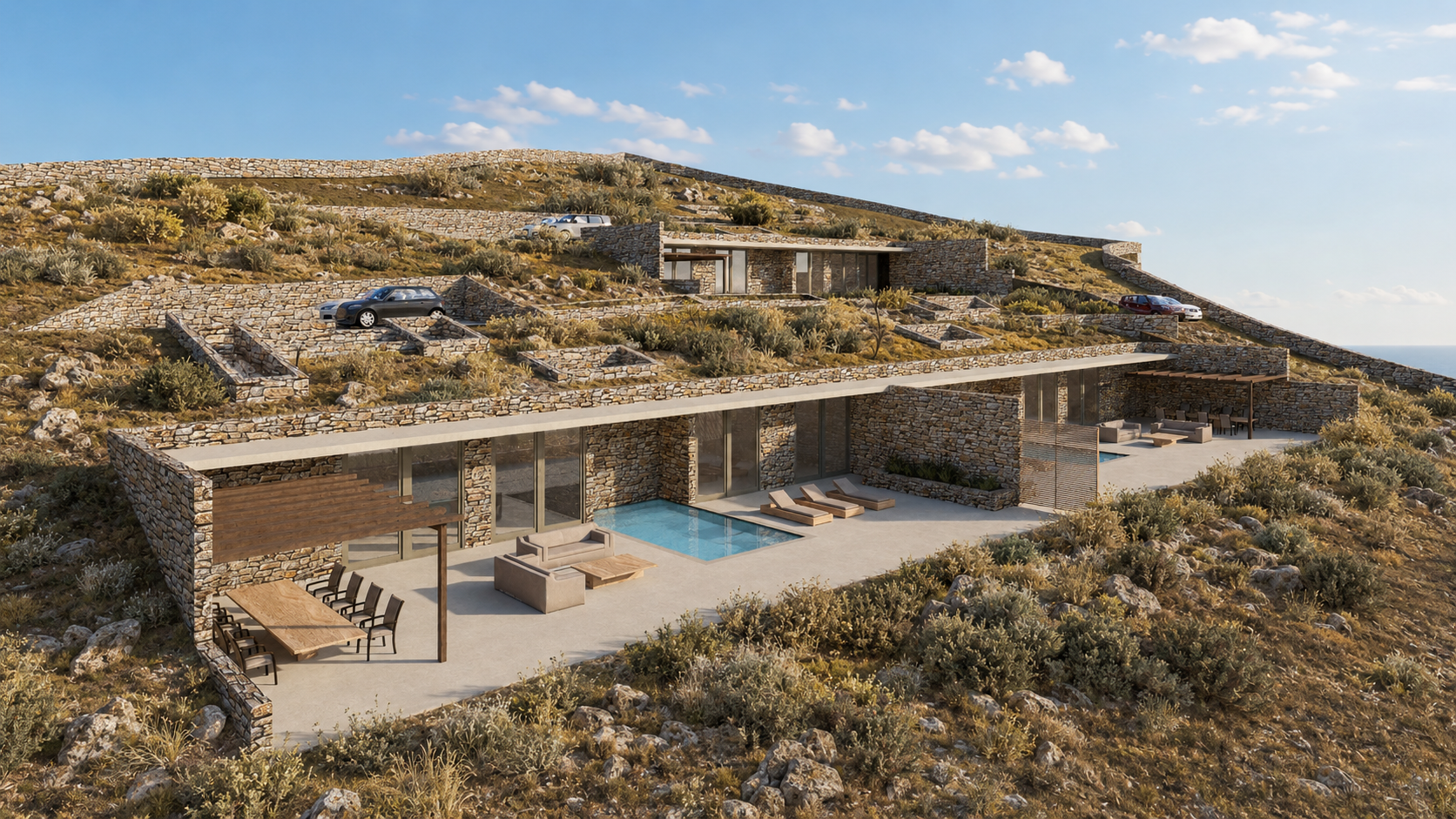 Three villas embedded into the landscape of Tinos